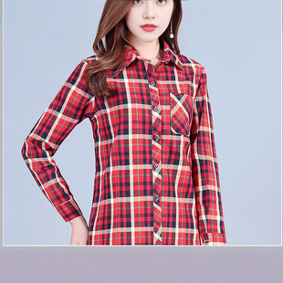 2020 Middle-aged and Elderly Women's Long-sleeved Shirt Cotton Mother's Long Shirt Elderly Size Plaid Top