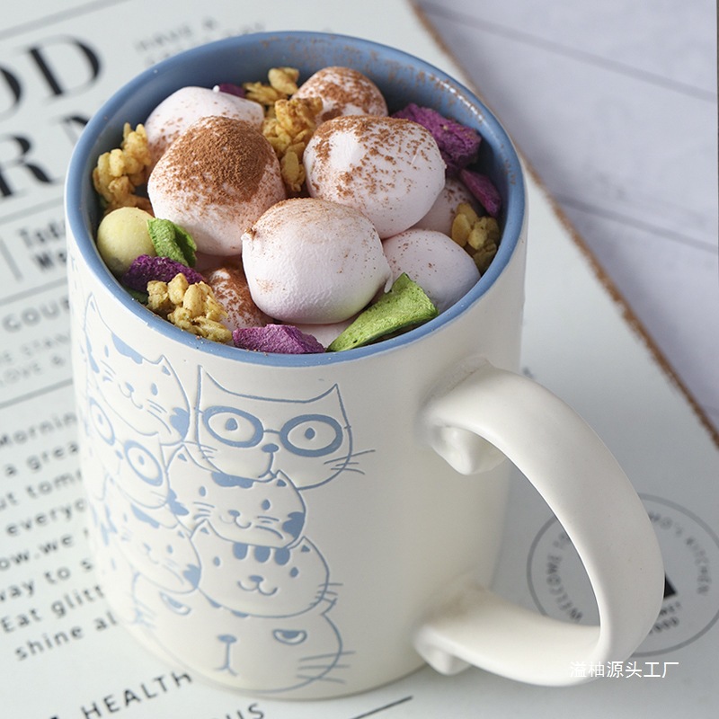 Cerámica bajo vidriado pintado a mano linda taza de gato taza de agua taza de desayuno taza de avena pareja micro pomelo