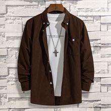 秋冬款灯芯绒男士长袖衬衫加绒加厚纯色衬衣青中老年大码男装