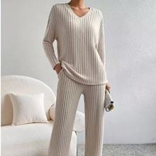 现货2025秋冬套装跨境居家时尚休闲直筒裤气质宽松V领坑条两件套