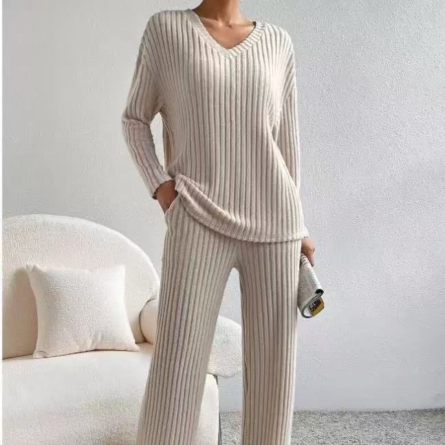 In-Stock 2025 Autumn and Winter Set, Cross-Border Home Fashion Casual Straight-Leg Pants, Elegant Loose V-Neck Ribbed Two-Piece Set In-Stock 2025 Autumn and Winter Set, Cross-Border Home Fashion Casual Straight-Leg Pants, Elegant Loose V-Neck Ribbed Two-Piece Set