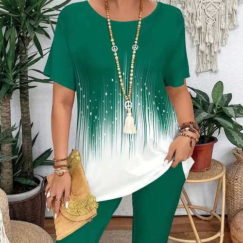 Summer Casual Striped Short-Sleeve T-Shirt and Tight Pants Set for Plus Size Women - TM001