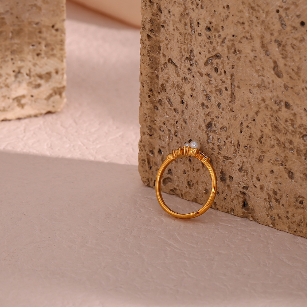 Fashion Geometric Stainless Steel Inlay Artificial Pearls Zircon Open Ring 1 Piece