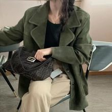 女款韩国东大门INS法式复古冷淡风色系 西装领单排扣中长款外套