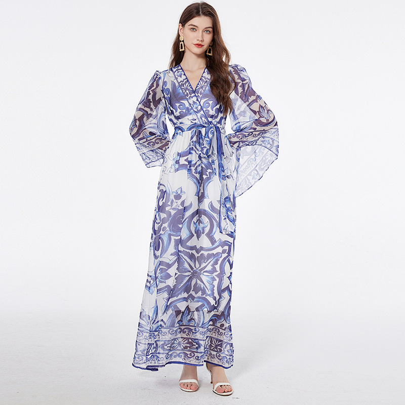 Seven-point Sleeve Elegant V-neck Blue and White Porcelain Printed Waist Elegant Mid-length Waist dress Cross-border Southeast Asia