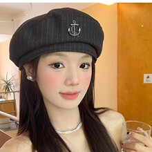 英伦风条纹棉麻贝雷帽女小众设计百搭海军风画家帽显脸小蓓蕾帽子