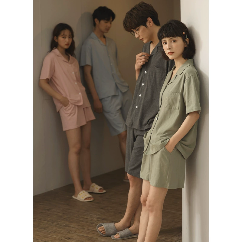 Парная Пижама, женские летние тонкие шорты из чистого хлопка с короткими рукавами, весенне-летний мужской однотонный кардиган, домашняя одежда, костюм из двух предметов