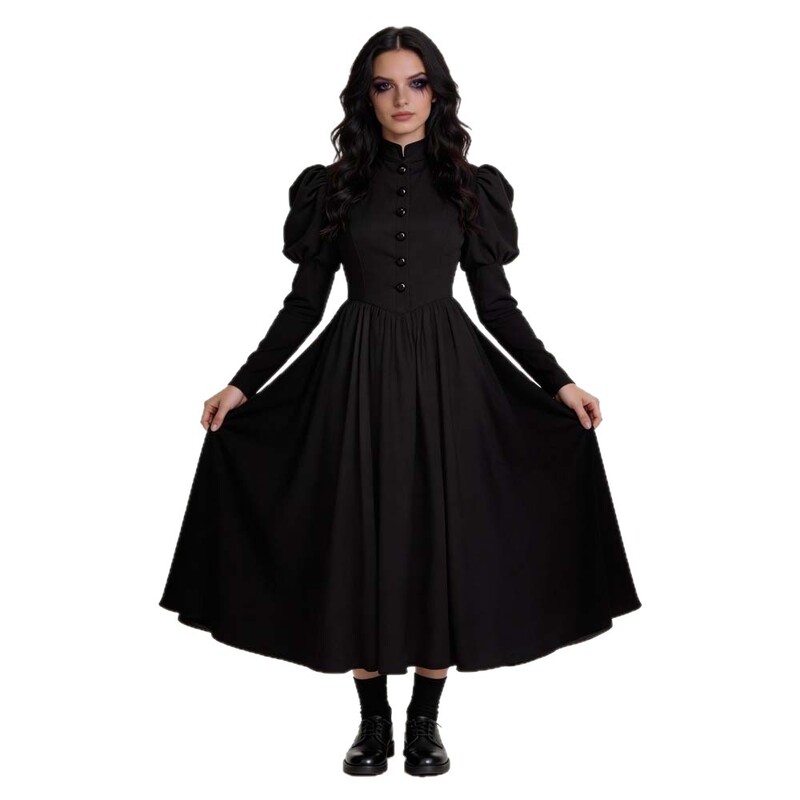 Victorian-Style Black Retro Court Gown with Stand Collar, Puff Sleeves, Waist-Cinching, and Large Hem, Suitable for Adult Ceremonies Victorian-Style Black Retro Court Gown with Stand Collar, Puff Sleeves, Waist-Cinching, and Large Hem, Suitable for Adult Ceremonies