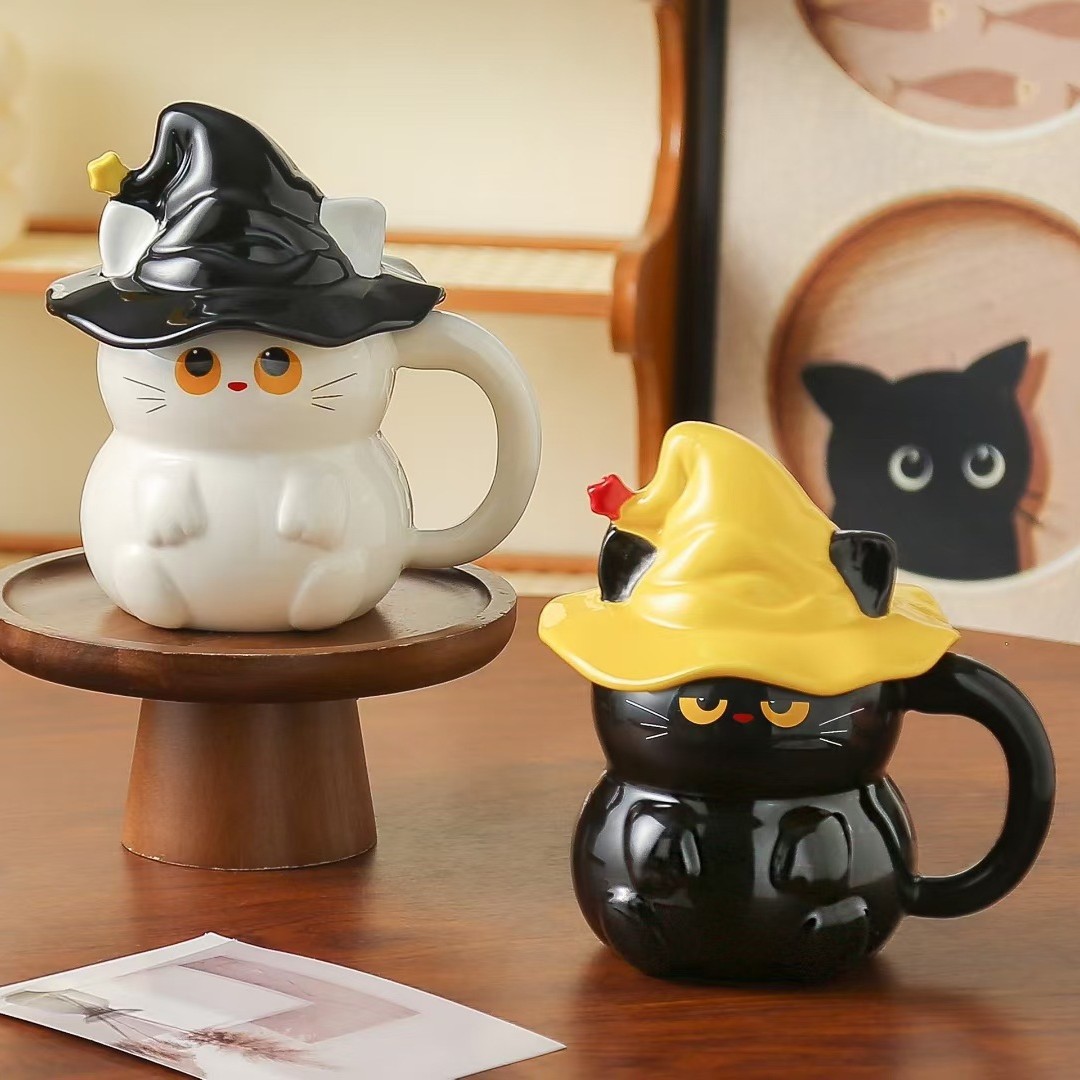 Creativo lindo negro y blanco mágico gato taza de cerámica personalidad transfronteriza taza de agua con taza de café de dibujos animados cubierta