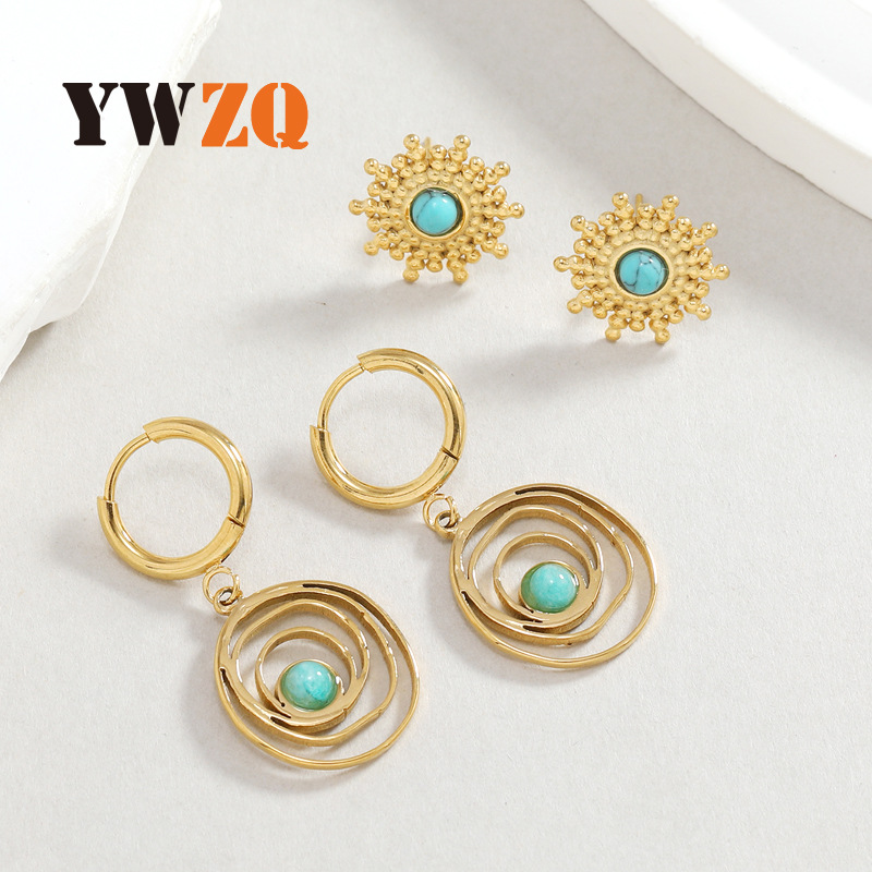 Exotic style natural turquoise titanium temperament stainless steel earrings circular personalized earring set_voghion.com