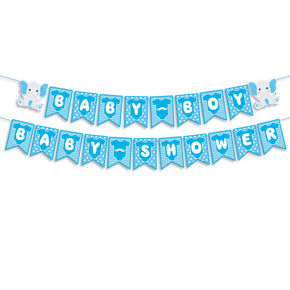 Nuevo estilo transfronterizo de decoración de fiesta de baby shower, bandera, elefante azul, bebé, niño, fiesta de bienvenida para bebés, decoración