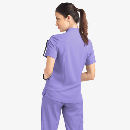 Women's Summer Short Sleeve Surgical Scrub Top with Stand Collar Zipper Casual Uniform for Beauty Salon Hospital Nurse Internal Workwear