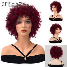 许昌假发afro wig非洲爆炸头套黑人女士化纤假发酒红色性感短卷发