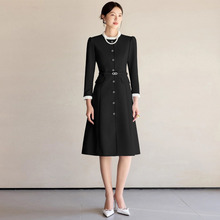 秋冬新款时尚黑色长款连衣裙修身显瘦拼色小荷叶领播音主持人女裙
