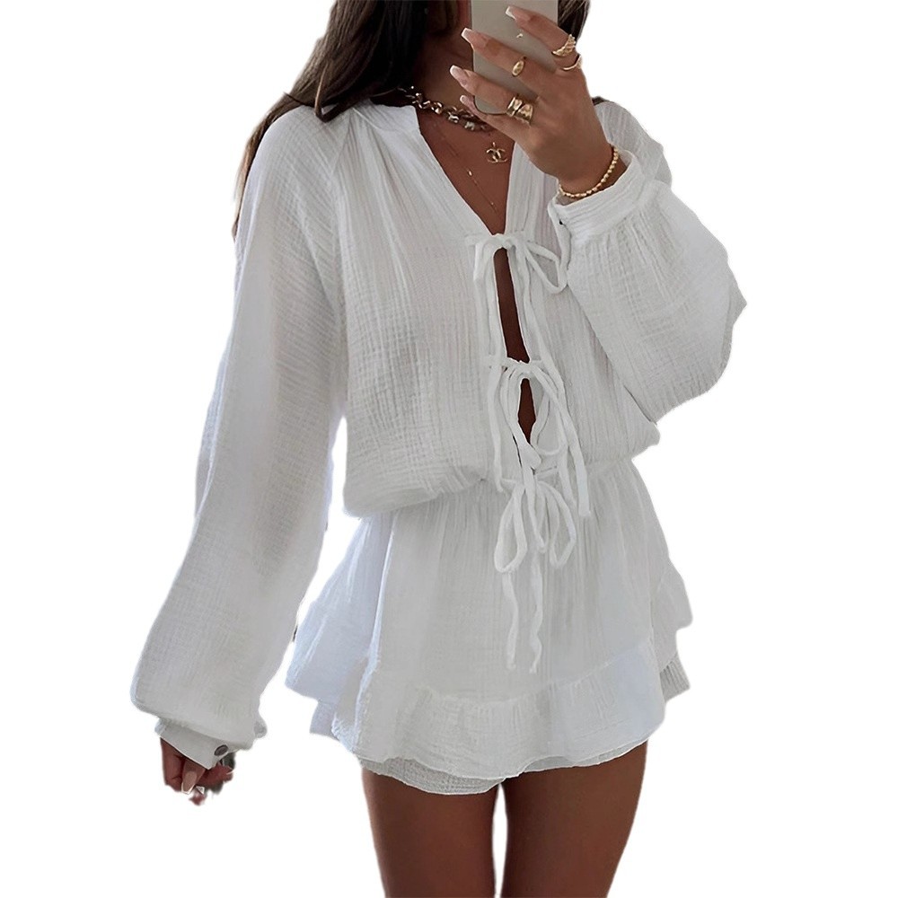 European And American Cross-border Women's Fashion Solid Color Tie-up Cardigan, Round-neck Lantern Sleeve_ecoleips.com