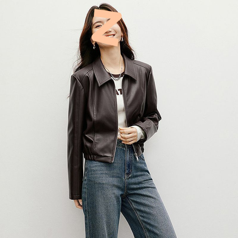 Spring and Autumn New Women's Leather Motorcycle Lapel High-End Jacket Top Leather Jacket Short Regular Shoulder Leather Jacket Trendy