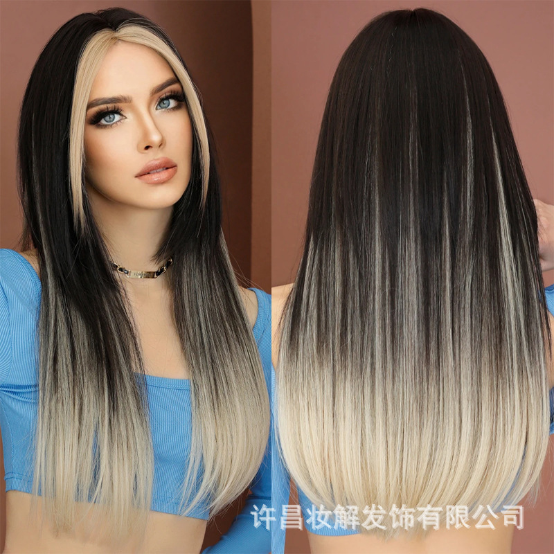 Women's Black Long Straight Wig Synthetic High Glow Blonde Layered Wig with Curtain Bangs High Density Wig