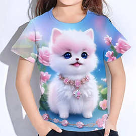 儿童秋装女孩2023卡哇伊猫印花短袖T恤儿童花3d图案T恤卡哇伊T恤