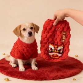 狗狗衣服大红过年装带牵引扣加绒猫猫背心泰迪比熊小型犬新年服装