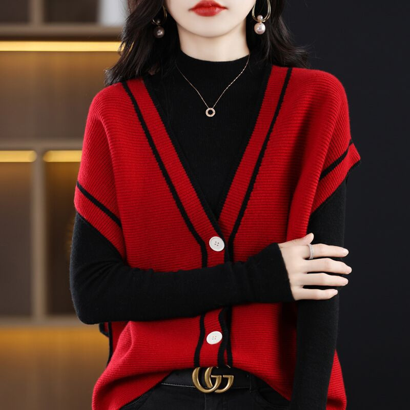Spring and Autumn New Retro V Neck Sleeveless Sweater Sweater Vest Women's Loose and Easiest for Match Style Waistcoat Asian Style