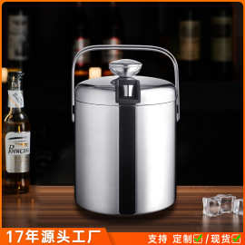 跨境热销酒吧用具不锈钢双层冰桶带盖便携手提冰桶户外商用带冰夹
