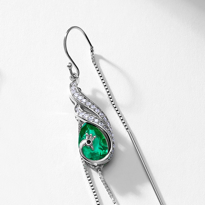 Excavación de calor transfronteriza Cultivo esmeralda Pavo real Pendientes largos Mujer S925 Plata Cultivo Caibao Lujo Ligero Diseño de alta gama