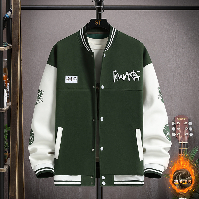 Autumn and Winter Fashion Baseball Jacket for Middle and High School Students Trendy Super Stylish Fleece Embroidered Patchwork Casual Coat