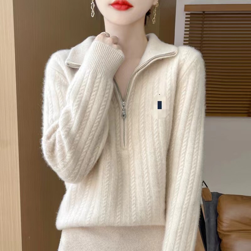 Wool Knitwear Pony Embroidered Half Zipper Twist Sweater Women's Autumn and Winter 2024 All-match Half-turtleneck Loose Top