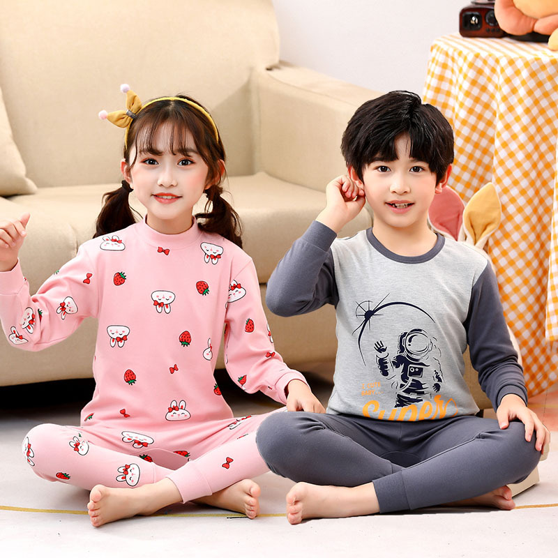 New Cotton Mid-Crew Neck Autumn Clothes and Pants Suit Cartoon Printed Underwear for Boys and Girls Spring Autumn Winter Class A Products