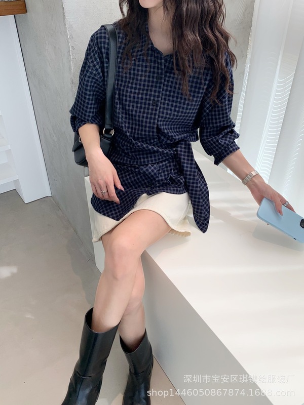 琪镌绘制韩系格子长袖衬衫女装秋季新款宽松系带百搭衬衣上衣651|undefined