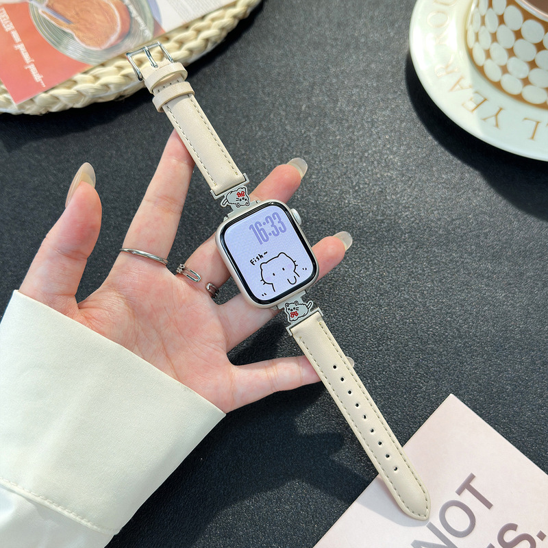 适用苹果表带AppleWatch1-11代/Ultra3/SE爱心小猫皮质手表带|undefined