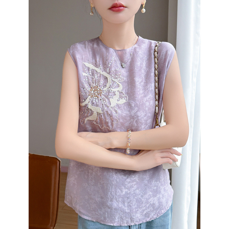 Silk Embroidery Sequin Embellished Round Neck Flutter Sleeve Blouse for Women, High-End New Chinese Style National Style Sleeveless Top Silk Embroidery Sequin Embellished Round Neck Flutter Sleeve Blouse for Women, High-End New Chinese Style National Style Sleeveless Top