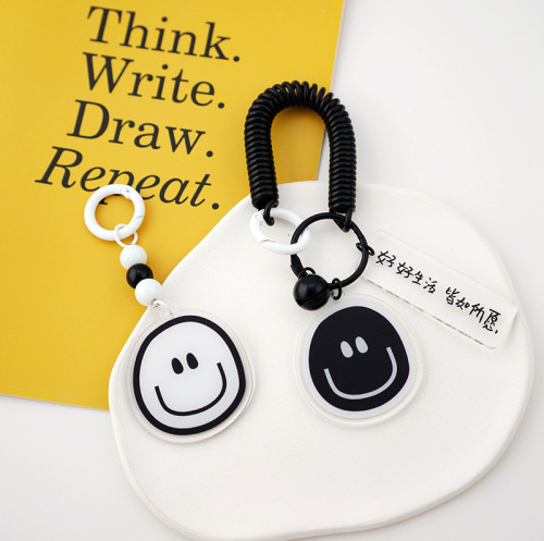 Double-sided black and white smiley face chain key chain school bag pendant creative couple anti-lost rope key ring pendant gift for women
