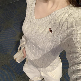 Puppy Travels Dachshund Embroidered Cable V-neck Sweater Women's Autumn High-Quality Slim Fit Top