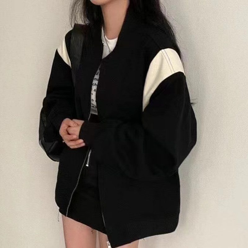 加绒+薄款外套宽松撞色学生2026新款韩版美式街头开衫女式棒球服