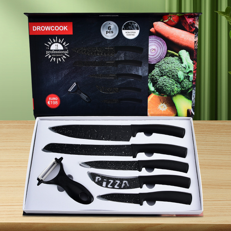 Cuchillo de pintura en aerosol de acero inoxidable de piedra médica Juego de seis piezas Cuchillo de chef Cuchillo de queso hueco Juego de cuchillos de regalo Pizza