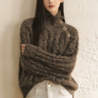 懒得高级感高领斜襟宽松毛衣女新款懒惰风秋冬套头设计羊毛针织衫