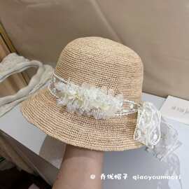轻奢款法式小香风气质花边拉菲草草帽夏季时尚出街小檐渔夫帽优雅