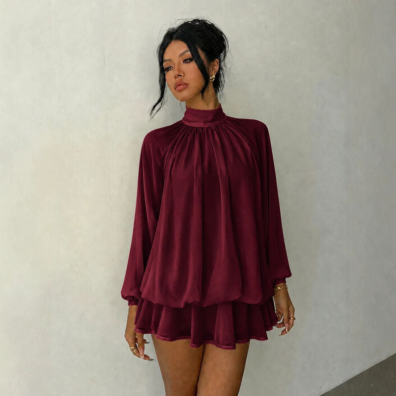 European and American style solid color stand-up collar chiffon dress for women, with ruched high collar, lantern long sleeves, loose fit, and ruffled hem, creating an atmospheric short dress