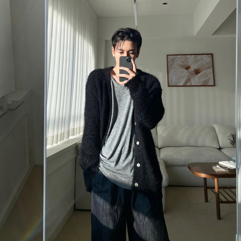 798 Design Lazy Style Black Imitation Mohair Knitted Cardigan Men's Soft Sweater Long-Sleeved Sweater Jacket 798 Design Lazy Style Black Imitation Mohair Knitted Cardigan Men's Soft Sweater Long-Sleeved Sweater Jacket