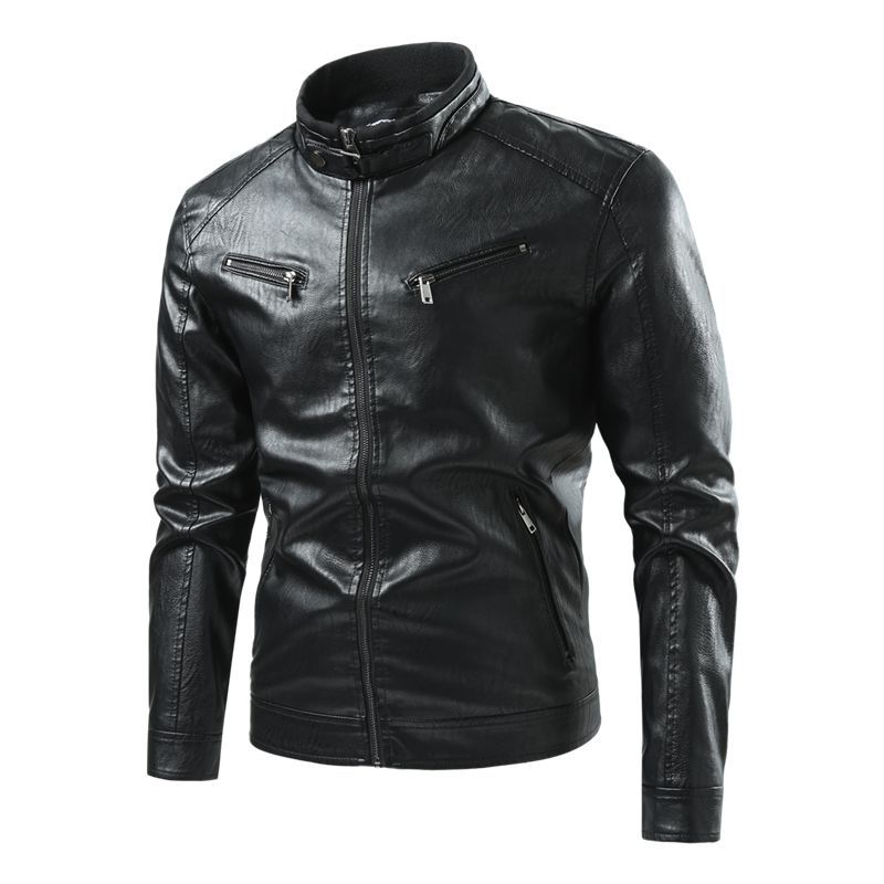 AliExpress Amazon primavera y otoño Delgado de los hombres del collar del soporte rayado doble cremallera PU chaqueta de cuero más tamaño de la motocicleta abrigo de cuero