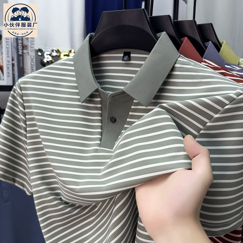 2026 Summer New Style Ice Silk Short-Sleeved Men's T-Shirt Fashionable Casual V-Neck Striped Lapel Men's Polo Shirt Wholesale