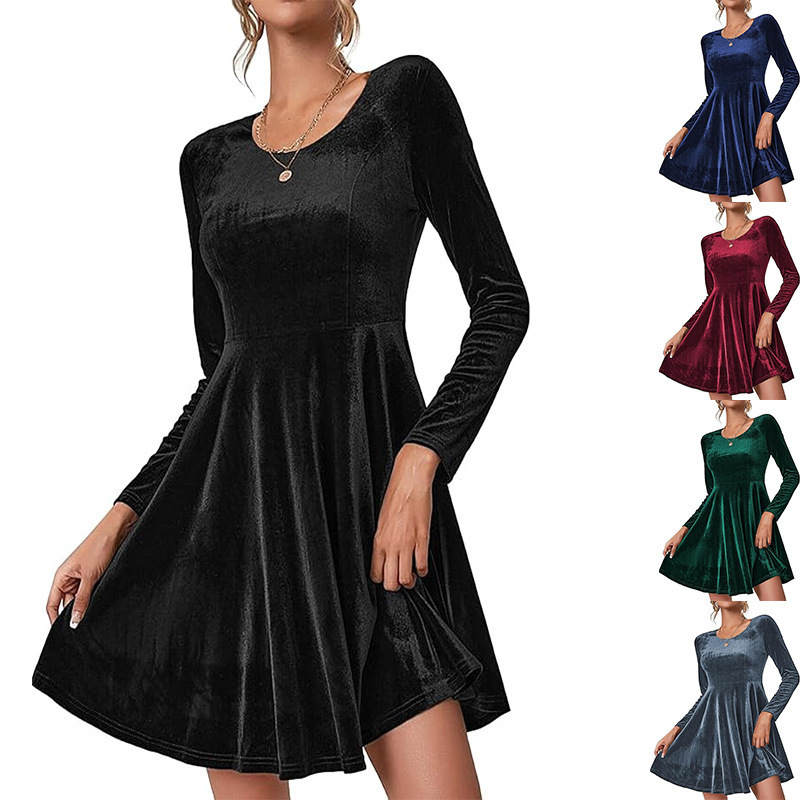 2025 European and American Cross-Border Export Autumn and Winter New Women's Long-Sleeved Round Neck Large Hem Velvet Dress Knee-Length Skirt