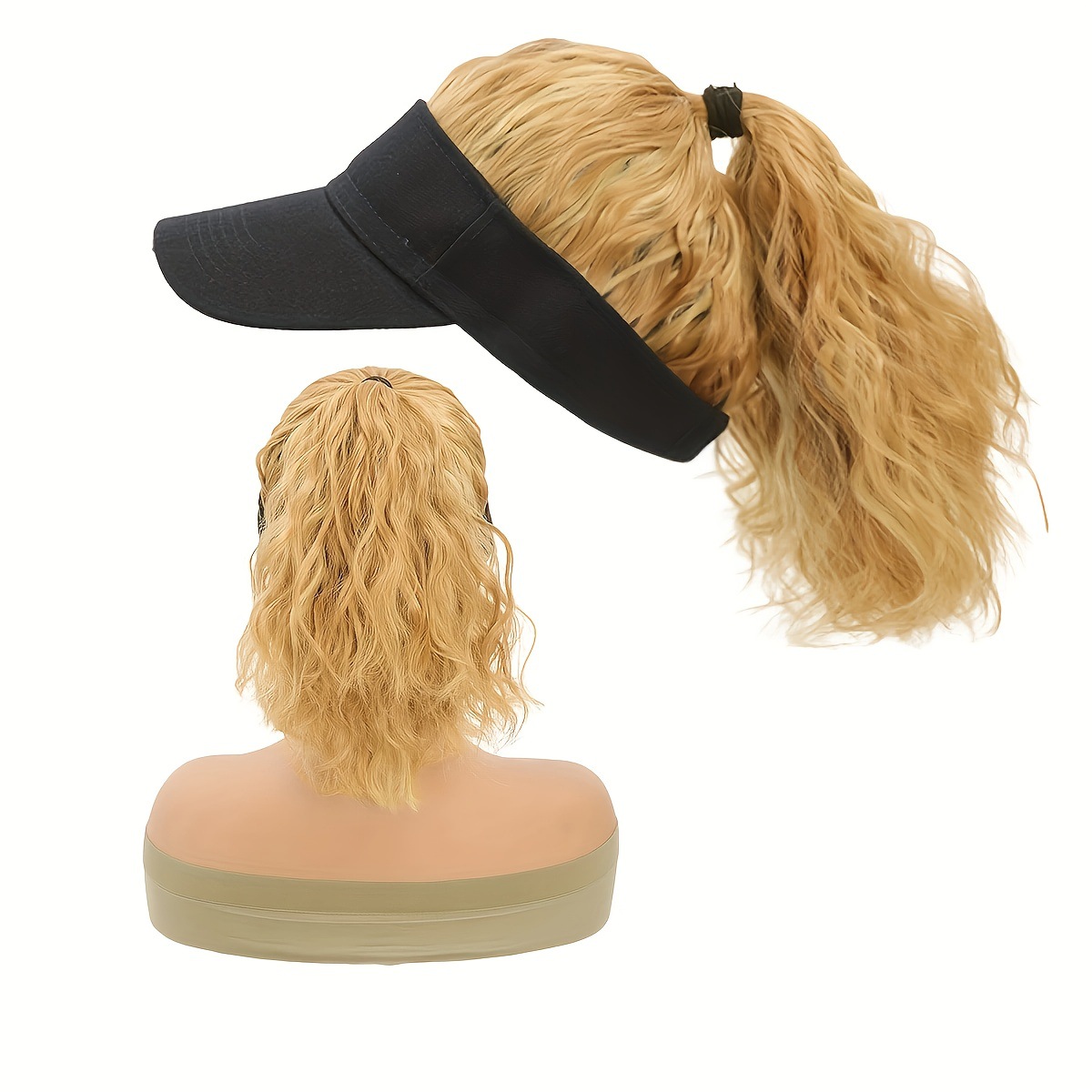 Women's Sun Black Cap Hat Integrated Synthetic Wig Corn Perm Ponytail Slightly Curly_voghion.com