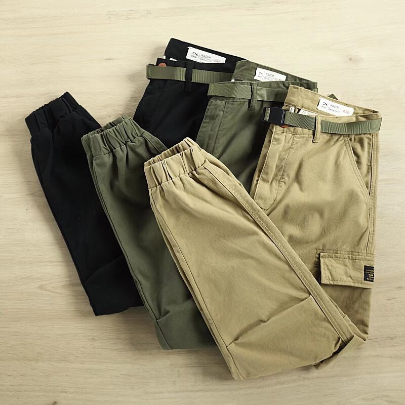 Fashion brand washed cotton retro slim-fit ankle-tied multi-pocket overalls men's casual closed ankle-tied jogging fashion pants men
