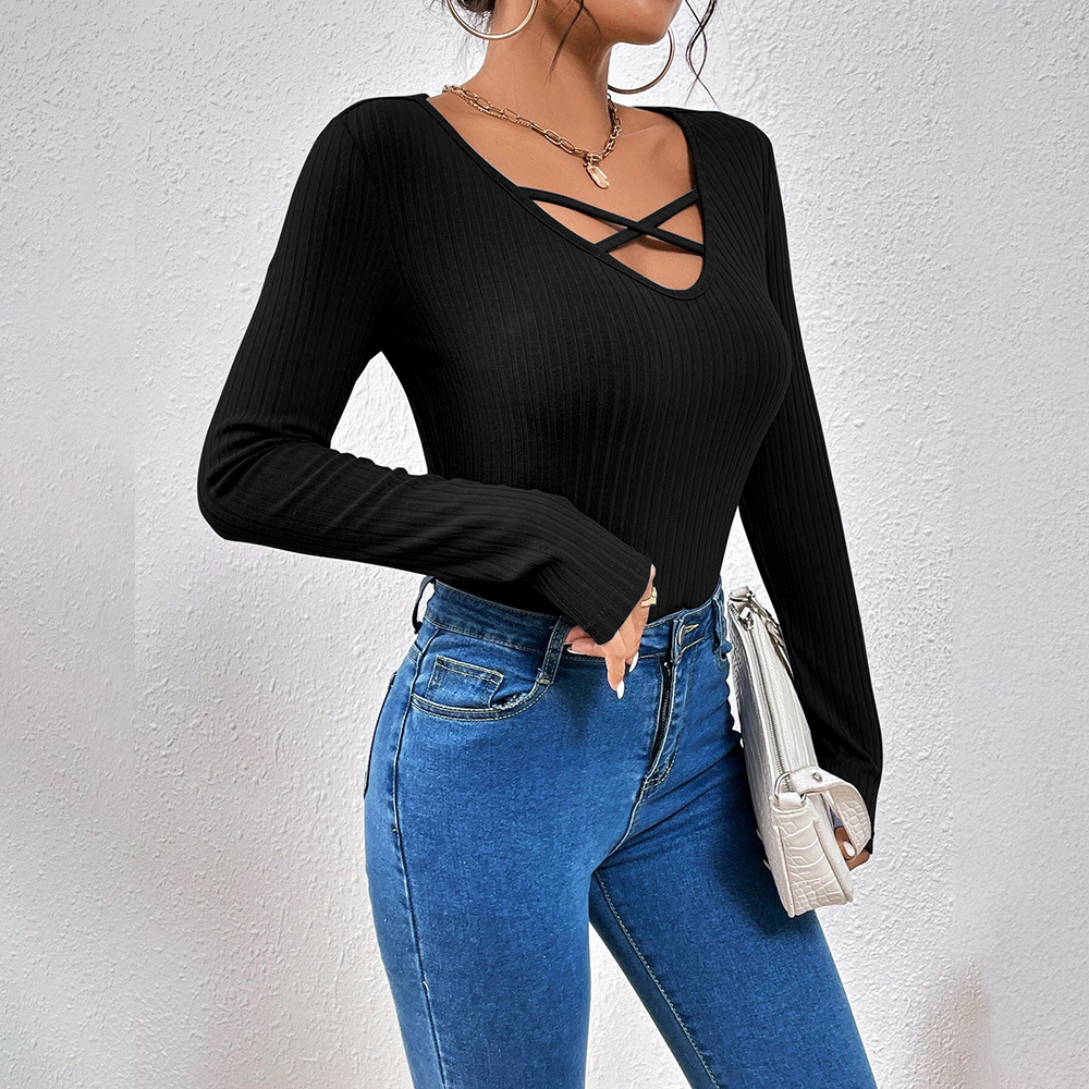 Women's 2023 style V-neck slimming long sleeves with T-shirt underneath and top over_voghion.com
