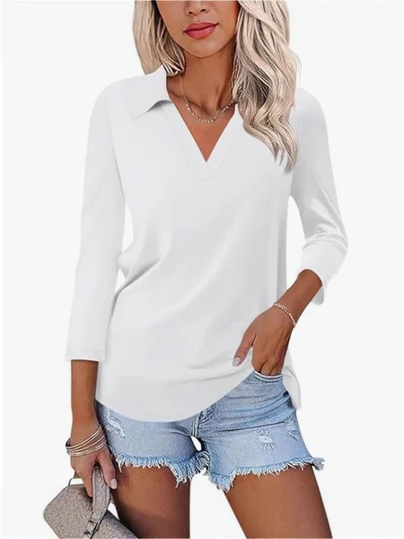 2025 Autumn New Style Slim Fit Base Shirt Cross-Border Simple Casual Women's V-Neck Polo Shirt T-Shirt Top