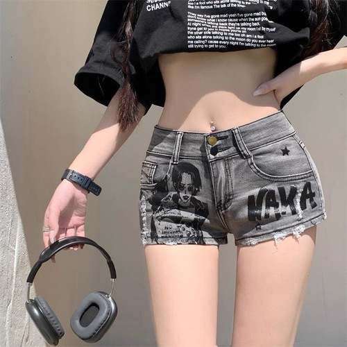 American Retro High-Waisted Denim Super Short Shorts for Women 2025 Spring and Autumn New Print Slim Fit Casual Pants