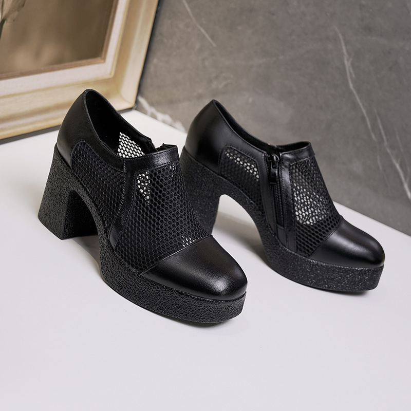 Giày sandal cao gót nữ da lưới mũi kín gót dày đế dày — đen