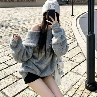 韩系辣妹一字领针织衫女秋冬气质慵懒风宽松露肩中长款针织上衣